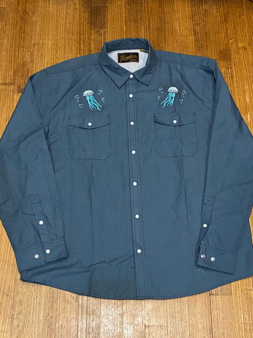 Howler Brothers Teal Button-Down Shirt with Jellyfish Embroidery - NWOT
